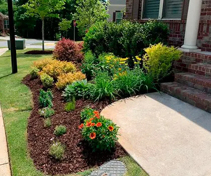 Front-yard planting beds with flowers next to a walkway